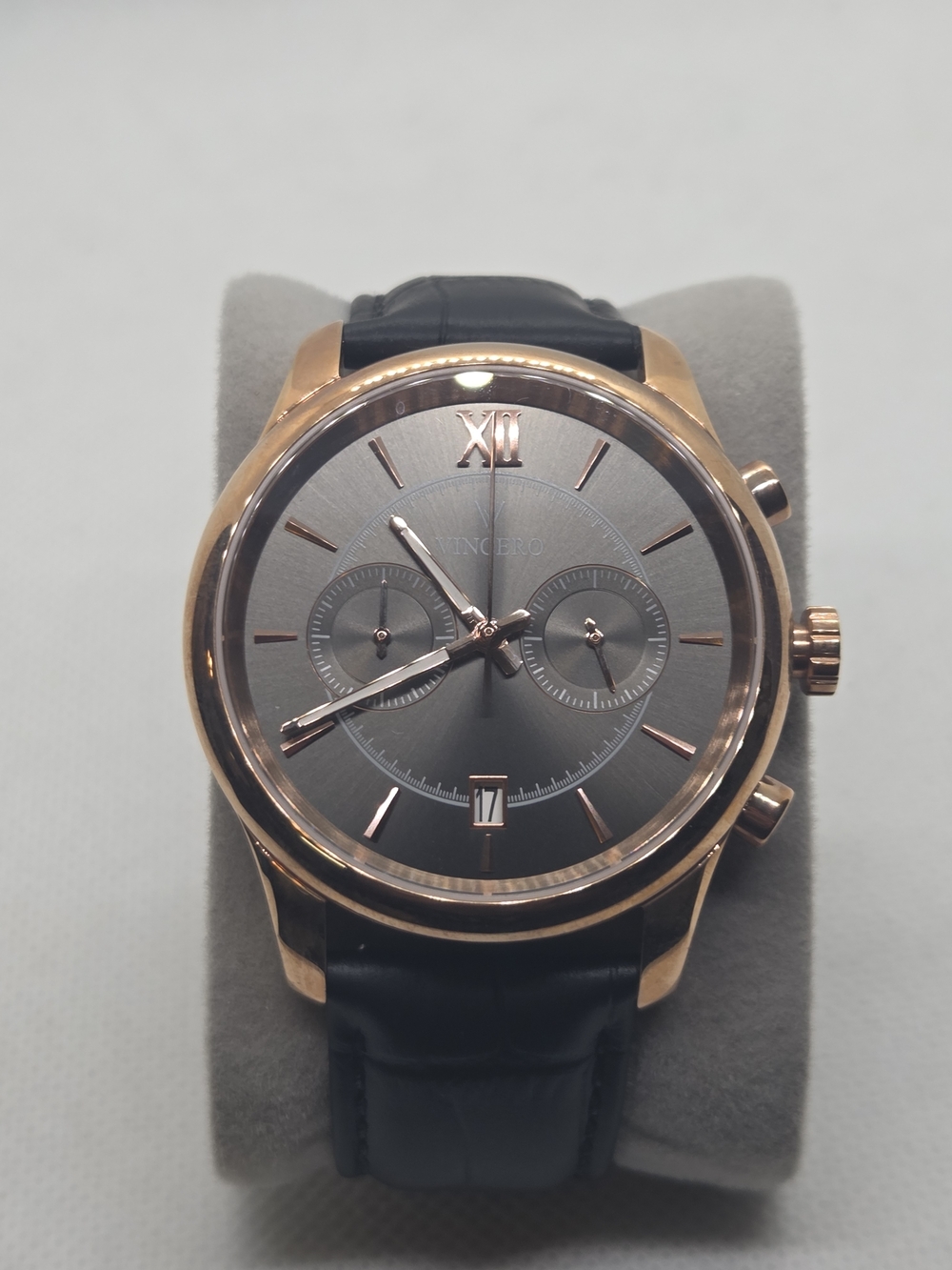Vincero 43mm Chronograph Watch Grey Dial Rose Gold Case Black Strap